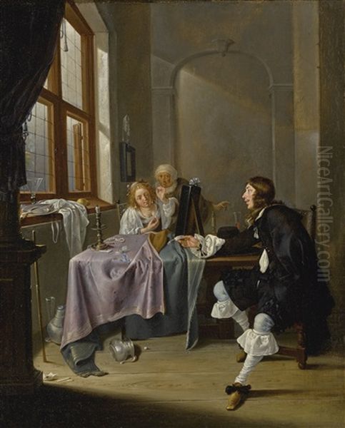 An Interior With A Gentleman Presenting A Snuff Box To A Seated Lady Stringing A Pearl - view 1