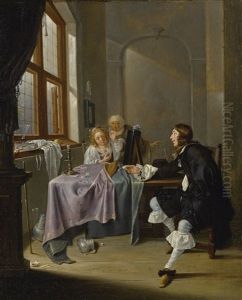 An Interior With A Gentleman Presenting A Snuff Box To A Seated Lady Stringing A Pearl