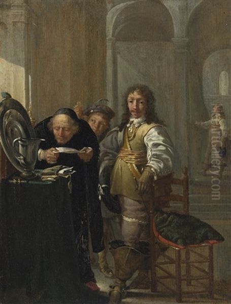 A Cavalier Selling His Goods, With An Old Man Reading A Document And A Young Boy Holding A Coin - view 1