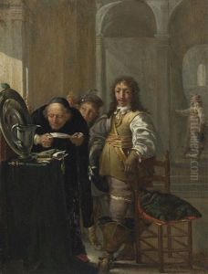 A Cavalier Selling His Goods, With An Old Man Reading A Document And A Young Boy Holding A Coin A Cavalier Selling His Goods, With An Old Man Reading A Document And A Young Boy Holding A Coin