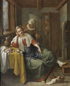A Young Woman And Her Maid In An Interior, A Man At The Door