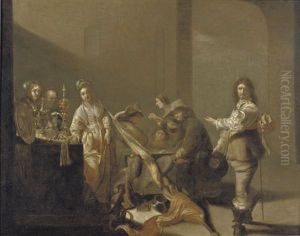A Guardroom Interior With Soldiers Gambling And Courtesans by Jacob Duck