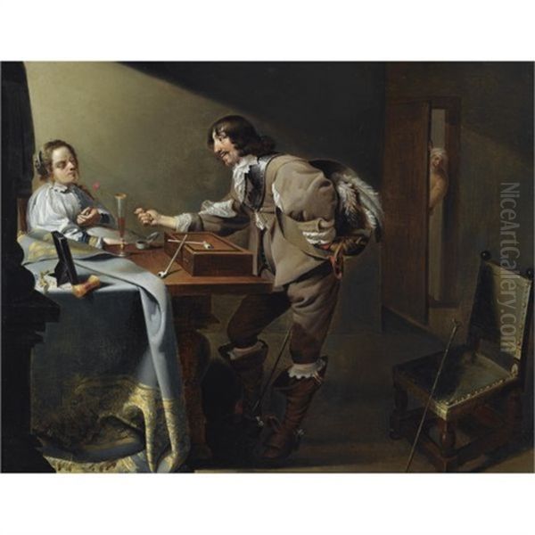 An Interior Scene With A Cavalier Offering A Flower To A Lady, While Making An Obscene Gesture - view 1