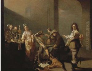 A Guardroom Interior With Soldiers Gambling And Courtesans Standing By A Table With Silverware