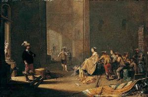 A Platial Guardroom Interior With Soldiers And Courtesans Conversing