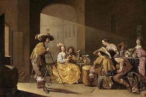Soldiers And Elegantly Dressed Ladies Gambling In A Guardroom Interior by Jacob Duck