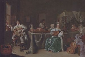 A Brothel Scene With An Officer Smoking At A Window, A Courtesan Playing A Lute By A Table And A Servant Making A Bed