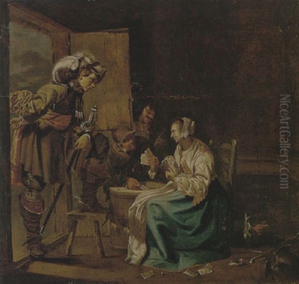 Interior With Soldiers And A Woman Playing Cards, An Officer Watching From A Doorway - view 1
