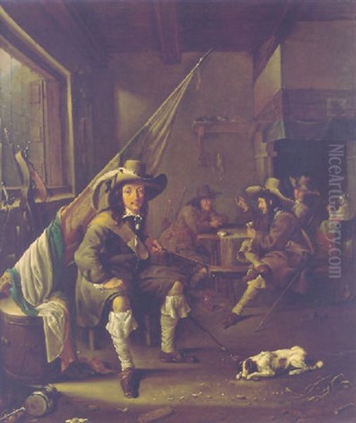 An Ensign Seated By A Barrel In A Guardroom, Officers Playing Cards By A Chimney Beyond - view 1