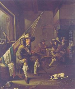 An Ensign Seated By A Barrel In A Guardroom, Officers Playing Cards By A Chimney Beyond