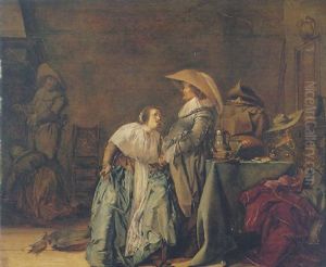 An Interior With A Couple Conversing, The Lady Seated, The Soldier Standing By A Table An Interior With A Couple Conversing, The Lady Seated, The Soldier Standing By A Table