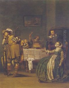 A Guardroomwith A Lady Seated At A Table Laid With Food And Drink, A Gentleman Smoking A Pipe, And A Soldier Turning His Back To The Party by Jacob Duck