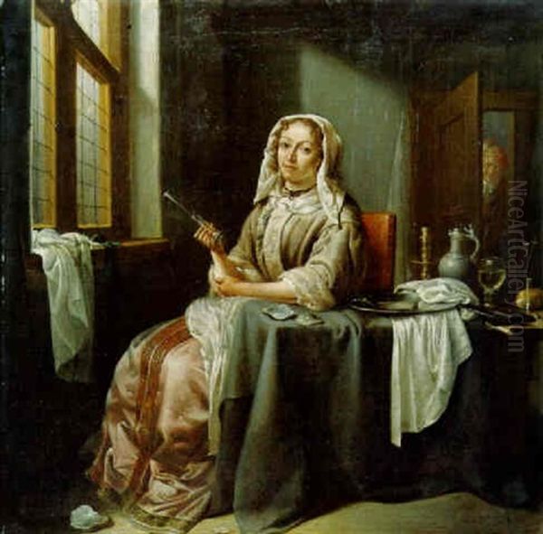 A Lady Seated At A Table Holding A Wine Glass - view 1