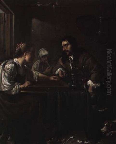 A Man And A Woman Playing Backgammon; A Woman Smoking Behind - view 1