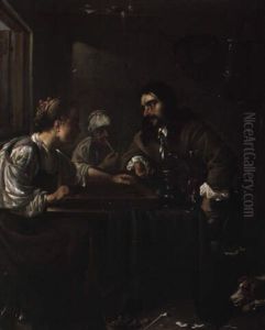 A Man And A Woman Playing Backgammon; A Woman Smoking Behind A Man And A Woman Playing Backgammon; A Woman Smoking Behind