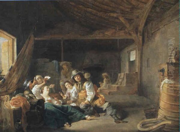 Soldiers And Women Playing Cards In A Barn - view 1