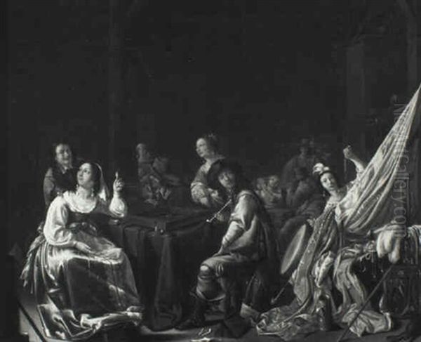Guardroom Interior With Cavaliers And Elegant Ladies Gaming - view 1