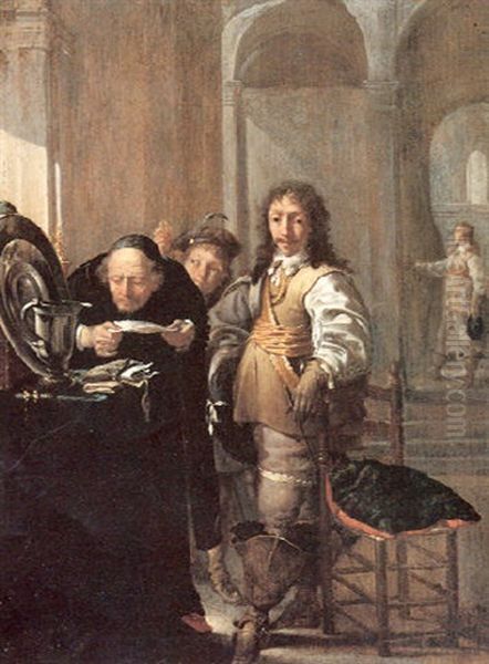 An Old Man Reading A Document By A Table With Riches, A Cav-alier And A Young Boy Holding A Coin, In An Interior - view 1