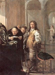 An Old Man Reading A Document By A Table With Riches, A Cav-alier And A Young Boy Holding A Coin, In An Interior by Jacob Duck
