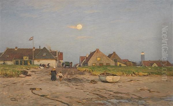 Fruh Am Morgen. Blick Uber Den Strand Auf Ein Hollandisches Fischerdorf Bei Vollmond Und Aufgehender Sonne - view 1