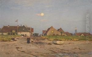 Fruh Am Morgen. Blick Uber Den Strand Auf Ein Hollandisches Fischerdorf Bei Vollmond Und Aufgehender Sonne by Eugen Gustav Duecker