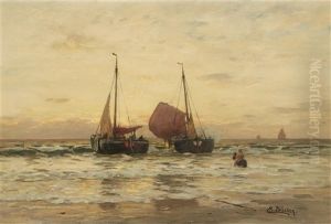 Coastal View With Sailing Boats Landing by Eugen Gustav Duecker