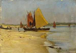 Aufliegende Boote Am Strand by Eugen Gustav Duecker