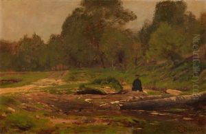 Landschaft Mit Ruckenansicht Eines Sitzenden Mannes by Eugen Gustav Duecker
