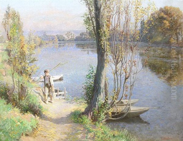 Boy Fishing By A Lake - view 1