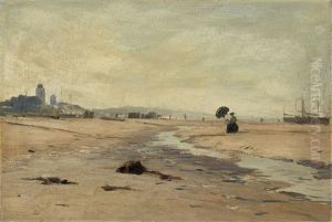 Young Woman On The Beach At Katwijk by Eugen Gustav Duecker