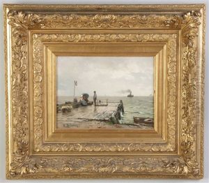 Figures On A Dock With Boats In Distance by Eugen Gustav Duecker