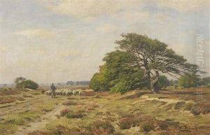 Schafhirte Mit Seiner Herde In Den Dunen by Eugen Gustav Duecker