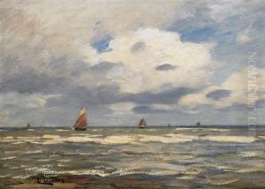 Segelboote Vor Der Kuste Bei Aufziehendem Regen by Eugen Gustav Duecker