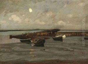 Trocken Aufliegende Boote Im Wattenmeer. Mondschein