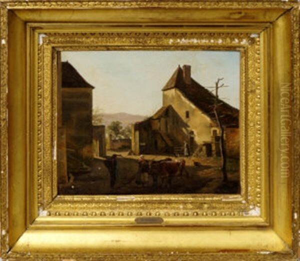 Figures In A Farmyard With Cottages And Hills Beyond - view 1