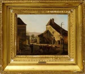 Figures In A Farmyard With Cottages And Hills Beyond by Jean-Antoine Duclaux