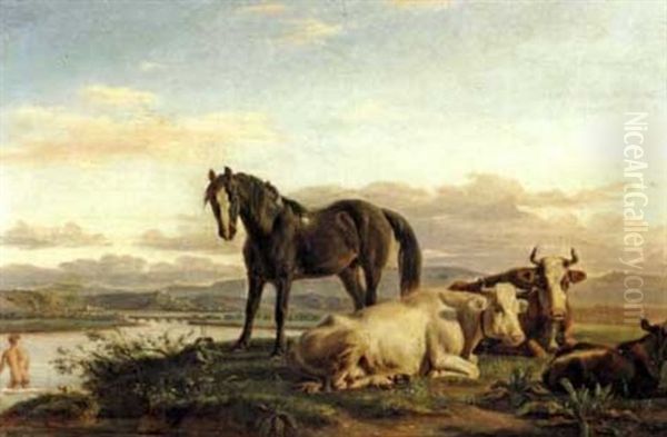Cheval Et Vaches En Bord De Riviere - view 1