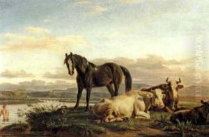 Cheval Et Vaches En Bord De Riviere by Jean-Antoine Duclaux