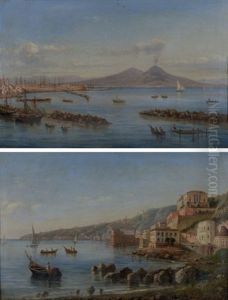 Vue De La Baie De Naples Avec Le Vesuve Vue De La Colline Du Pausilippe (2 Works) by Teodoro Duclere