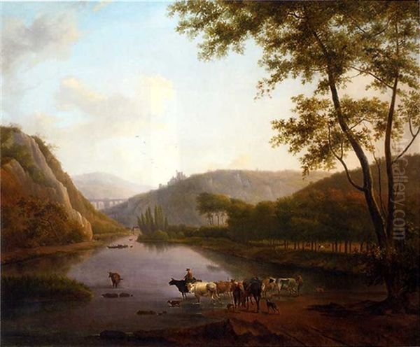A Wooded River Landscape With Cattle Watering, A Viaduct And Town Beyond - view 1