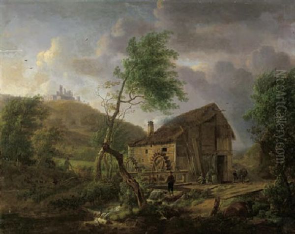 A Hilly Landscape With Travellers By A Watermill - view 1