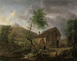 A Hilly Landscape With Travellers By A Watermill by Julien Joseph Ducorron