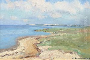Strandmotiv Mit Fischern, Katen Und Fernen Booten