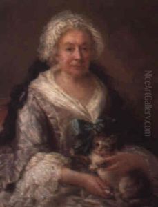 Portrait Of An Old Lady, Seated, In A Lilac Dress And Holding A Cat
