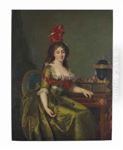 Portrait Of A Lady, Seated, Three-quarter-length, In A Green Satin Dress And A Bonnet With Red Ribbons by Rose Adelaide Ducreux