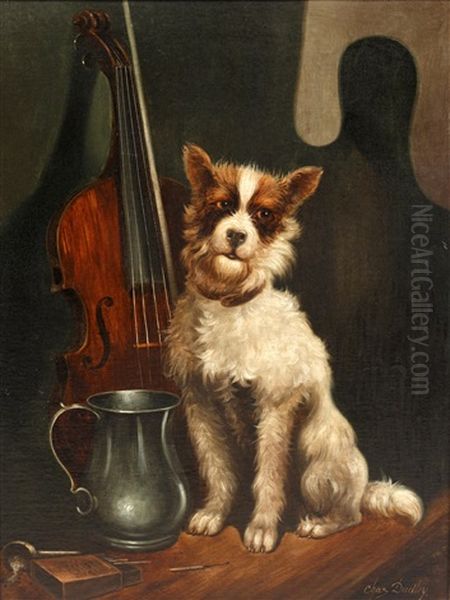 Terrier On Seated On Table Next To Violin - view 1