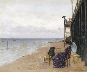 Beach Scene With An Elegant Lady Seated By Stairs Beach Scene With An Elegant Lady Seated By Stairs