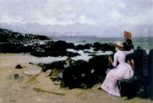 An Elegant Lady With Two Children On The Beach