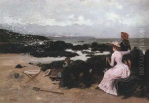 Femme Et Enfants Sur La Plage by Ernest-Ange Duez