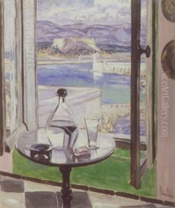 Udsigt Gennem Vindue Mod Port D'antibes Med Det Gamle Fort I Baggrunden Udsigt Gennem Vindue Mod Port D'antibes Med Det Gamle Fort I Baggrunden